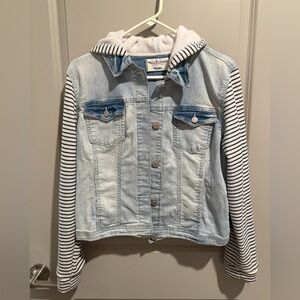 Wallflower Light Blue Denim Jacket with Striped Hood and Sleeves